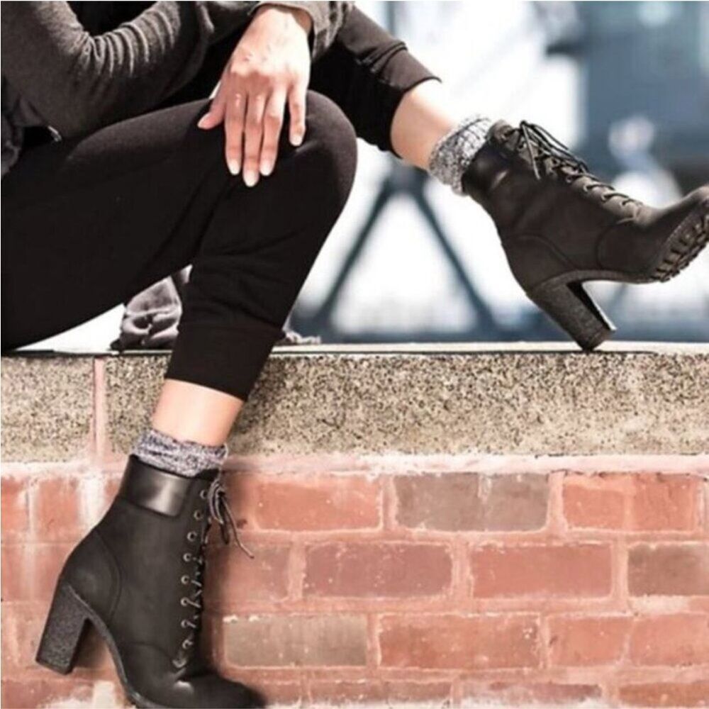 Timberland Glancy Grey Burgundy Leather Block Heeled Lace up Boot Women's 10